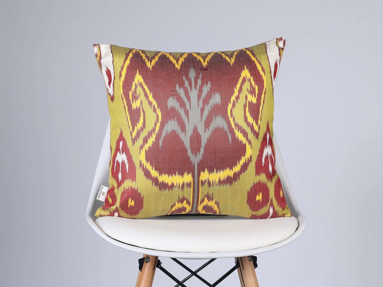 Olive Green Burgundy Handwoven Silk Ikat Cushion Cover - Image 5