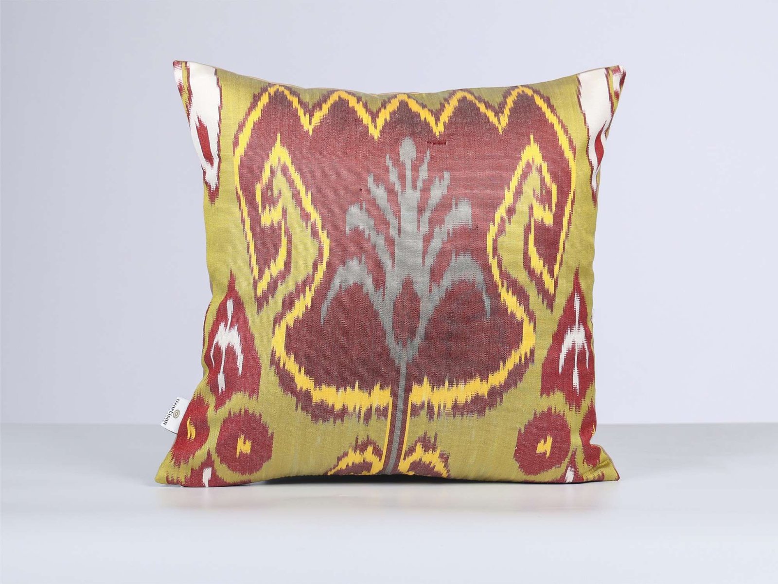 Olive Green Burgundy Handwoven Silk Ikat Cushion Cover - Image 6