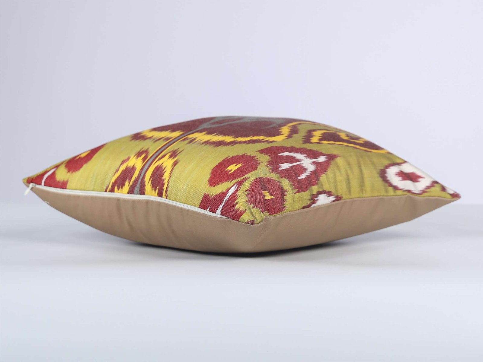 Olive Green Burgundy Handwoven Silk Ikat Cushion Cover - Image 7