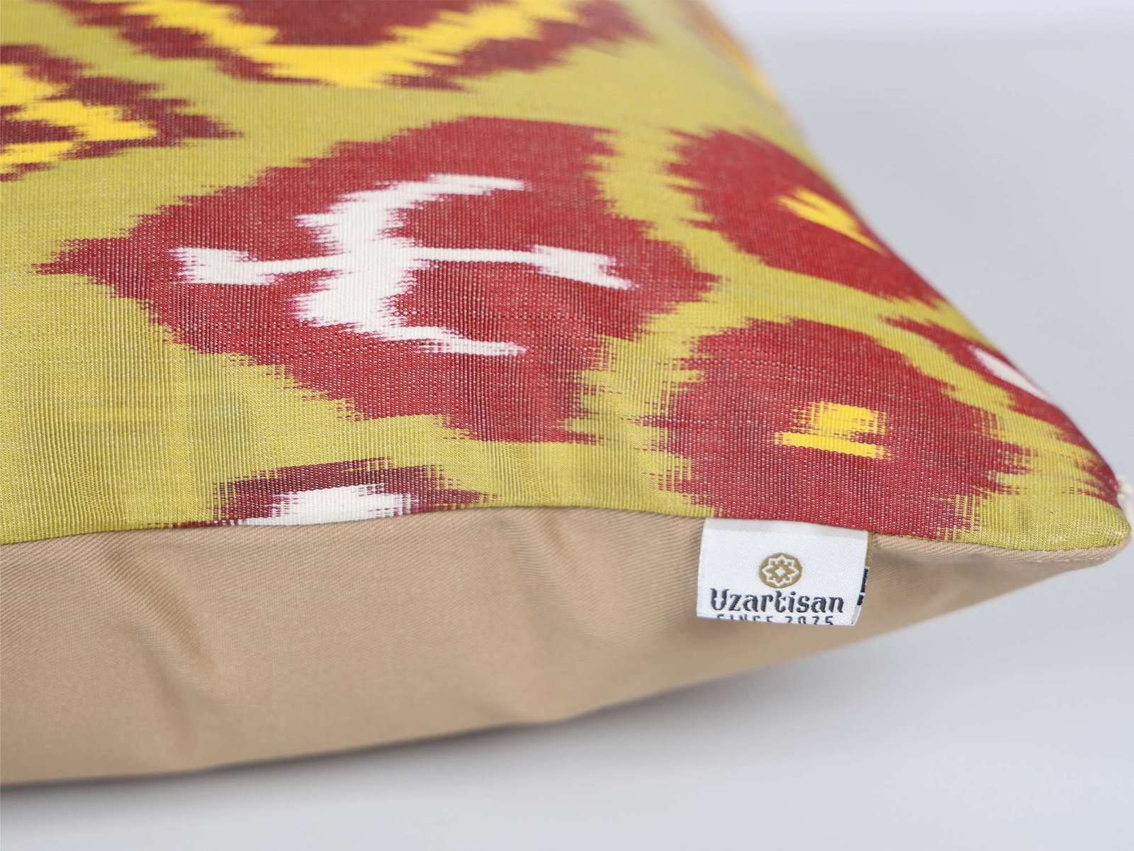 Olive Green Burgundy Handwoven Silk Ikat Cushion Cover - Image 8