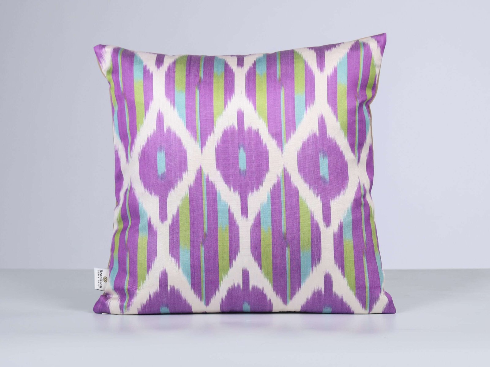 Purple Lime Green Handwoven Silk Ikat Cushion Cover - Image 5
