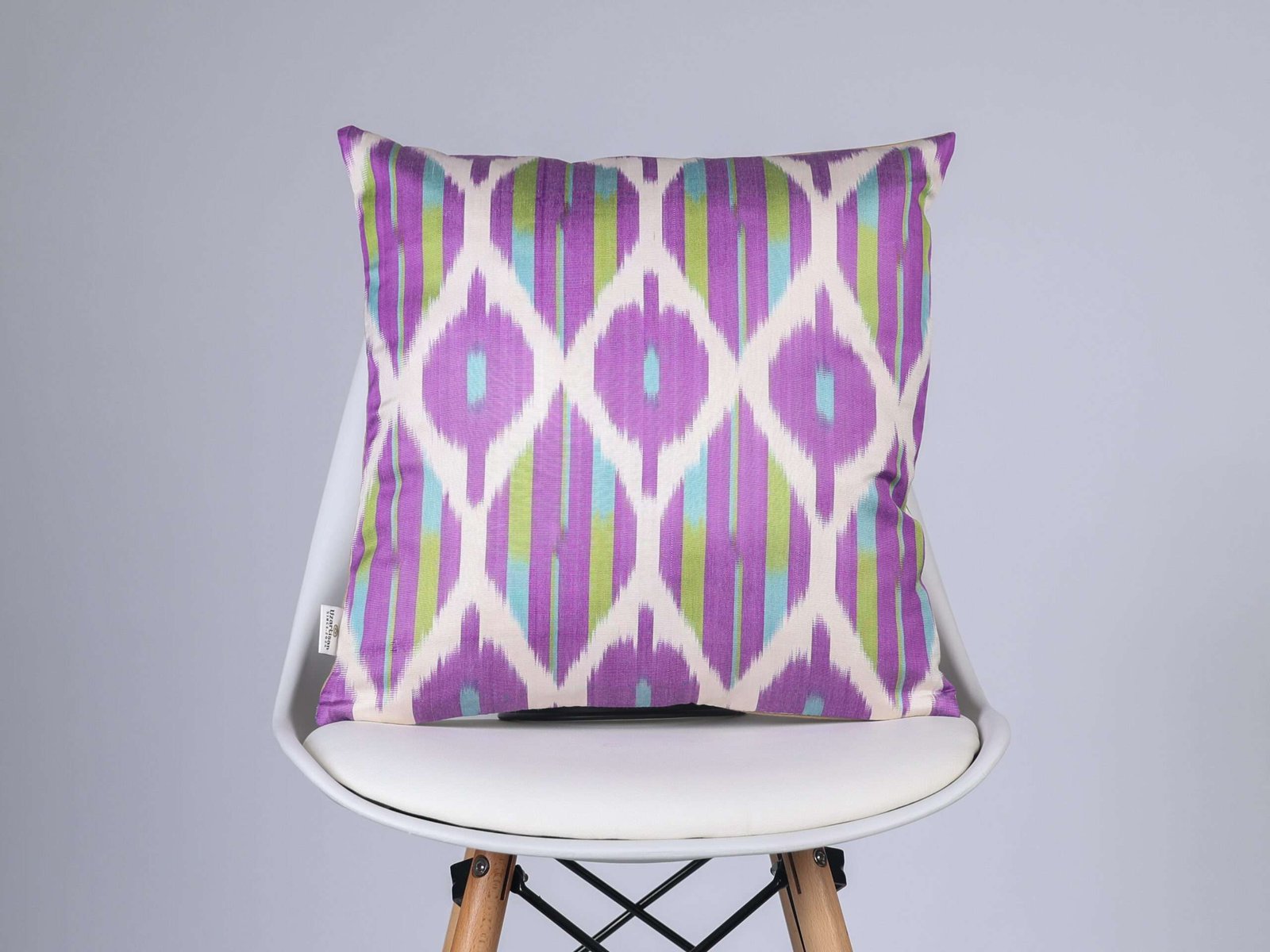 Purple Lime Green Handwoven Silk Ikat Cushion Cover - Image 4