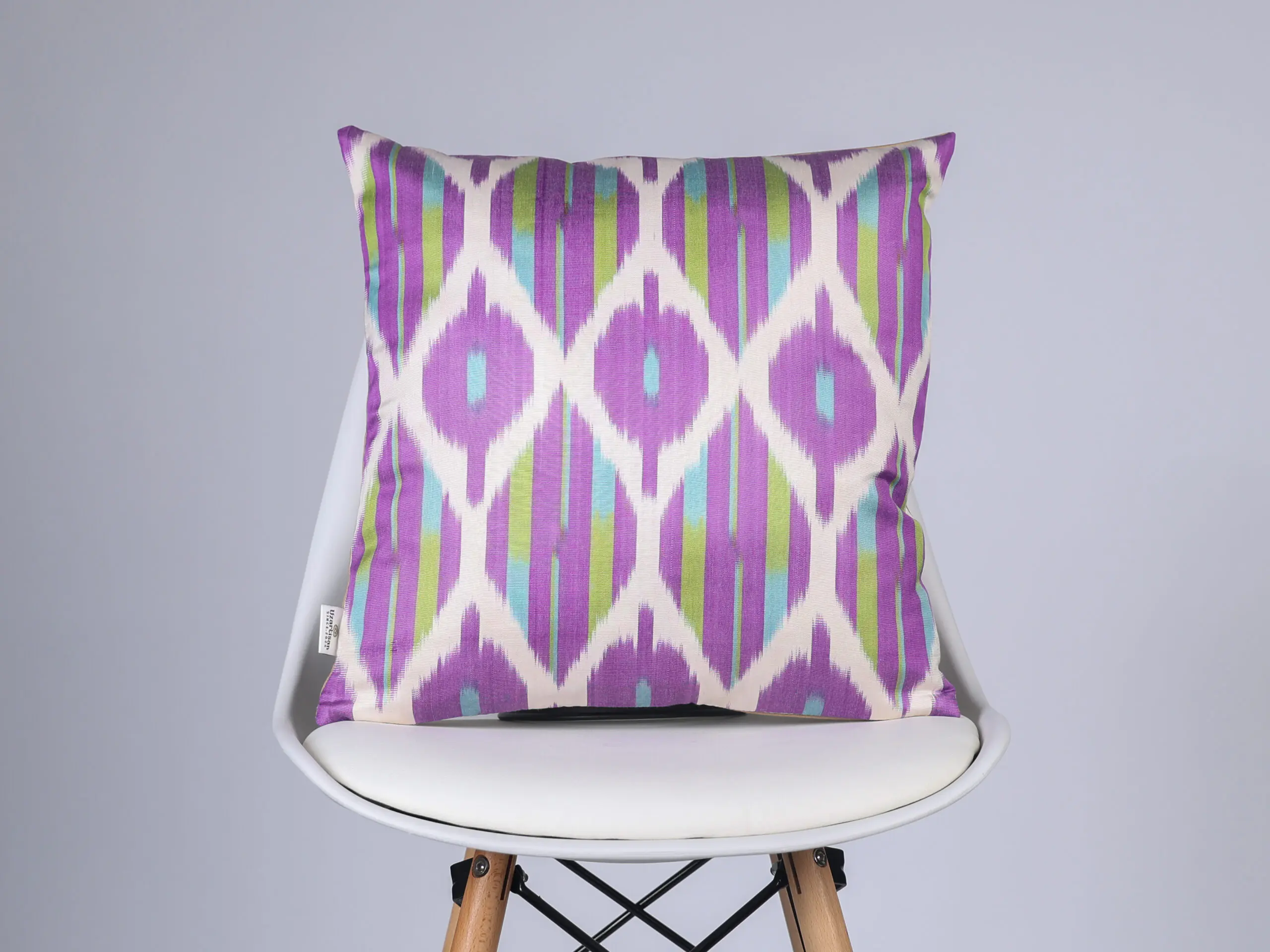 Purple Lime Green Handwoven Silk Ikat Cushion Cover - Image 4