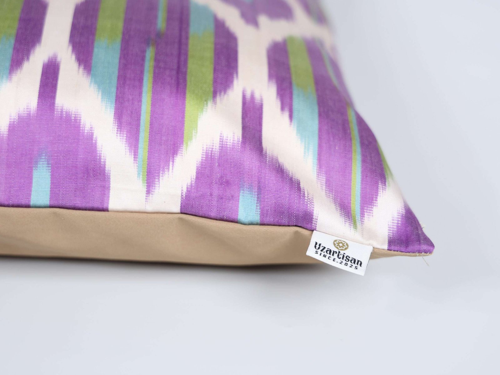 Purple Lime Green Handwoven Silk Ikat Cushion Cover - Image 6