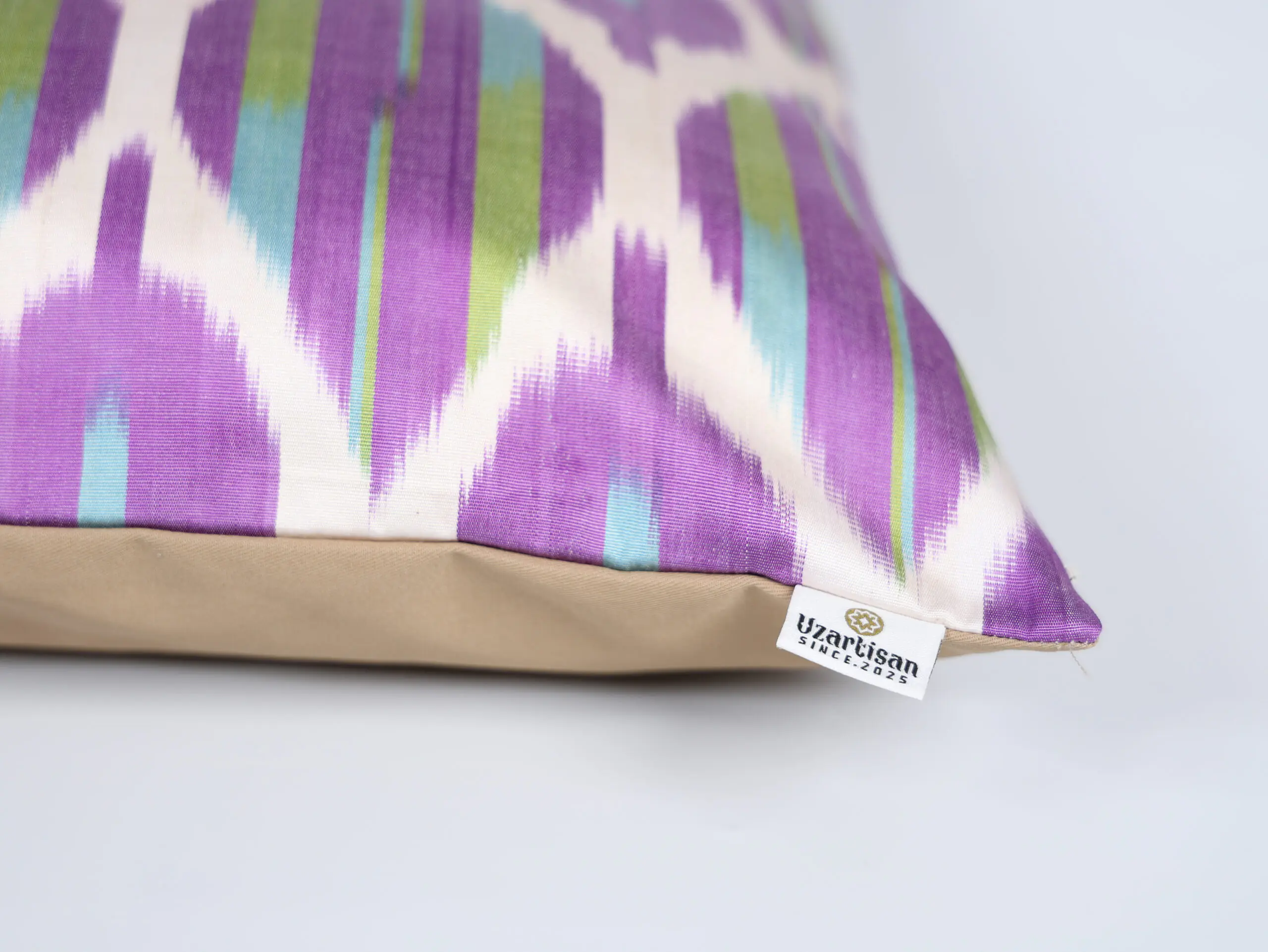Purple Lime Green Handwoven Silk Ikat Cushion Cover - Image 6