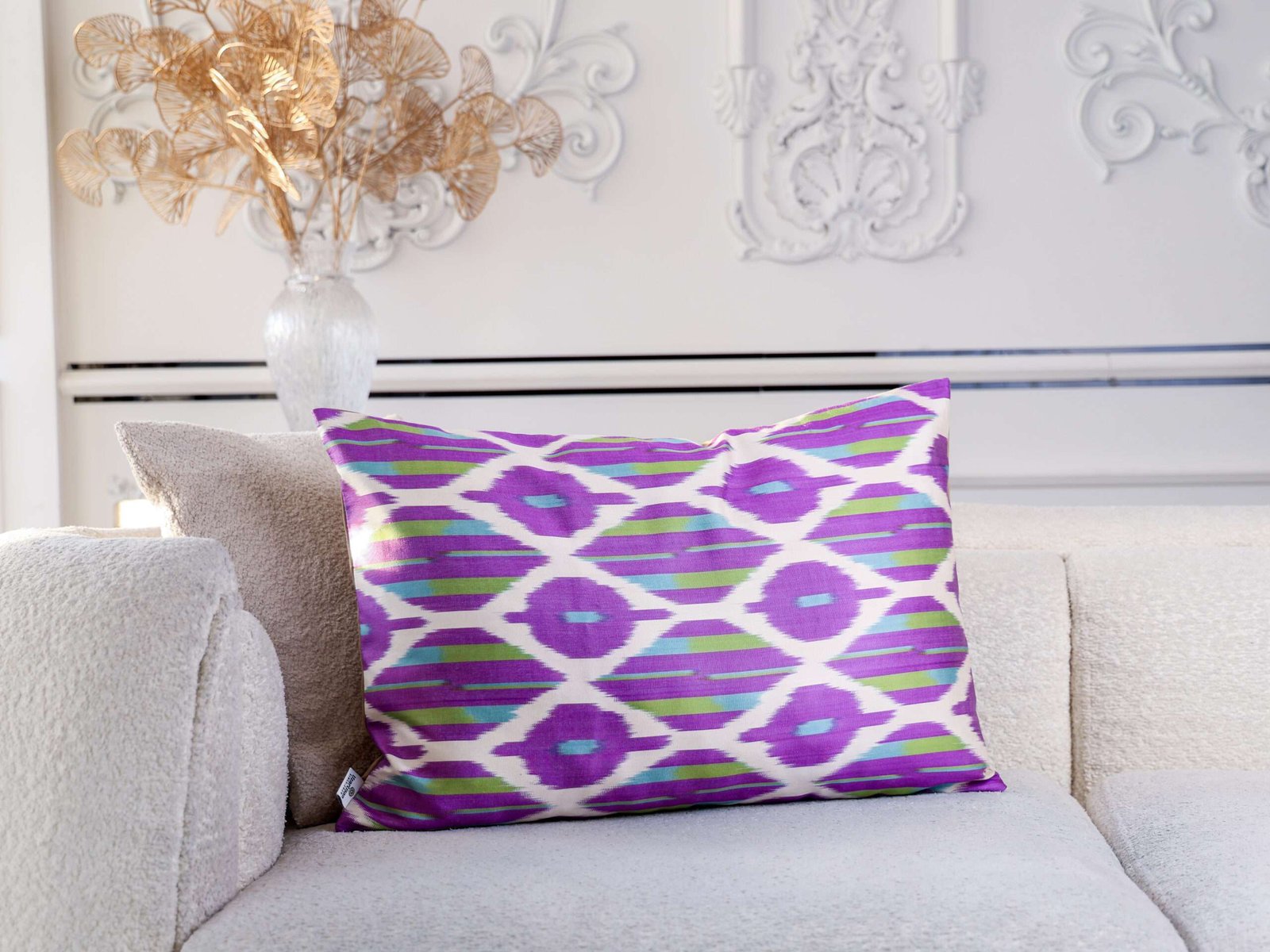 Purple Lime Green Handwoven Silk Ikat Cushion Cover - Image 3