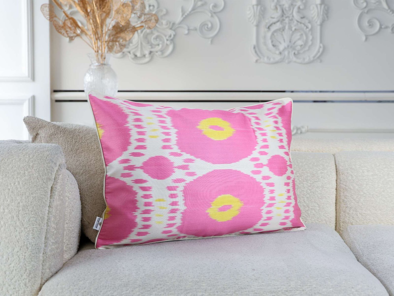 Pink Yellow Handwoven Silk Ikat Cushion Cover - Image 3
